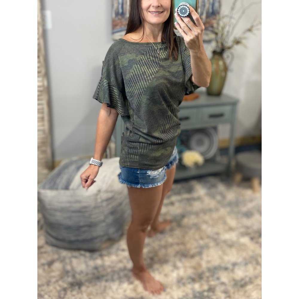 Camouflage Ribbed Ruffle Off Shoulder Dolman Top Green 0919 - Picture 3 of 12